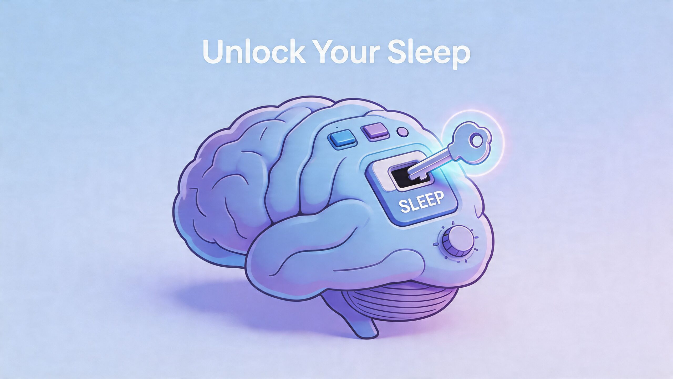 A creative illustration of a blue human brain featuring a key unlocking a sleep button mechanism.