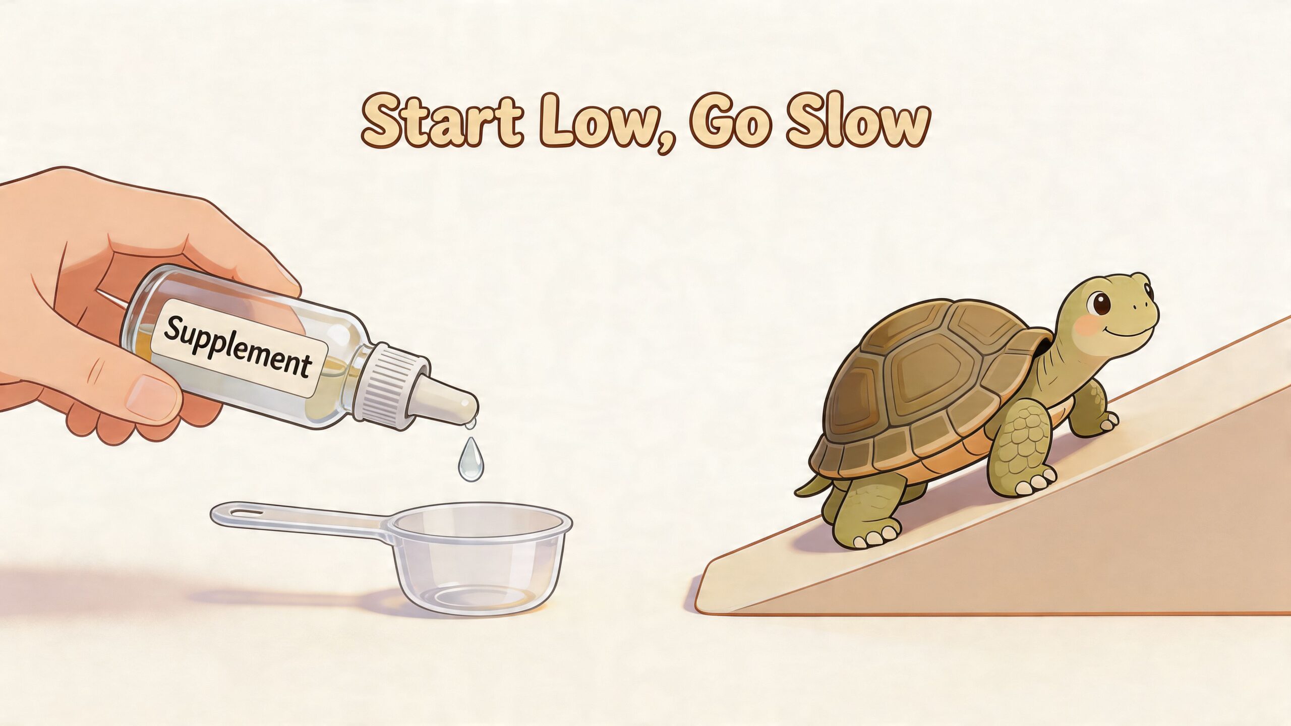 A hand holding a supplement dropper over a small measuring cup next to a turtle walking slowly.