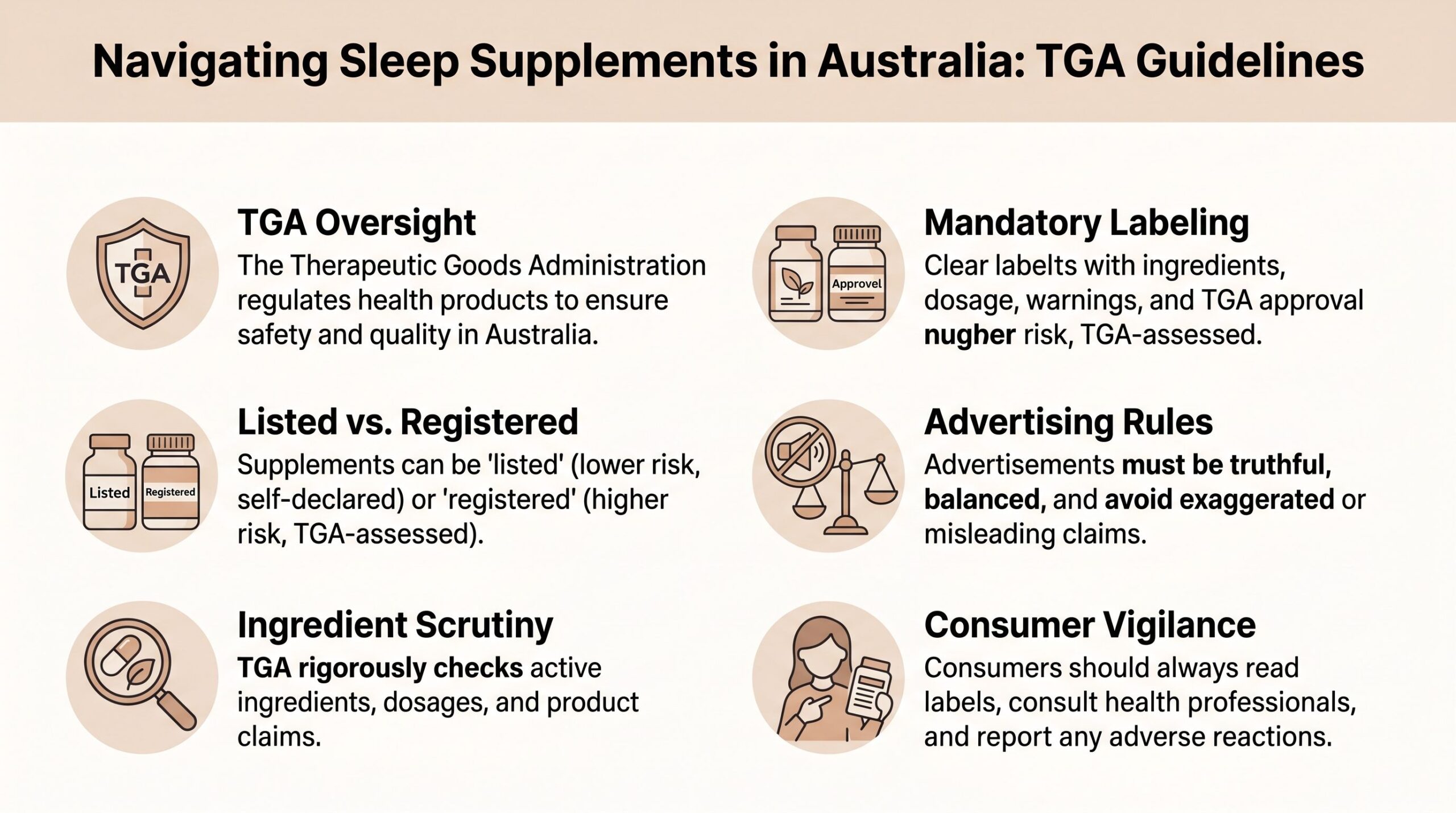 An infographic detailing the Therapeutic Goods Administration guidelines for sleep supplements in Australia, including labeling and safety oversight.