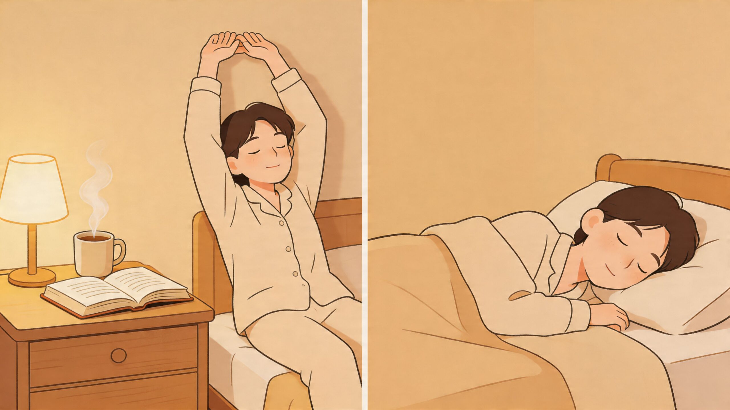 A split image showing a person stretching in bed and then sleeping peacefully at night.