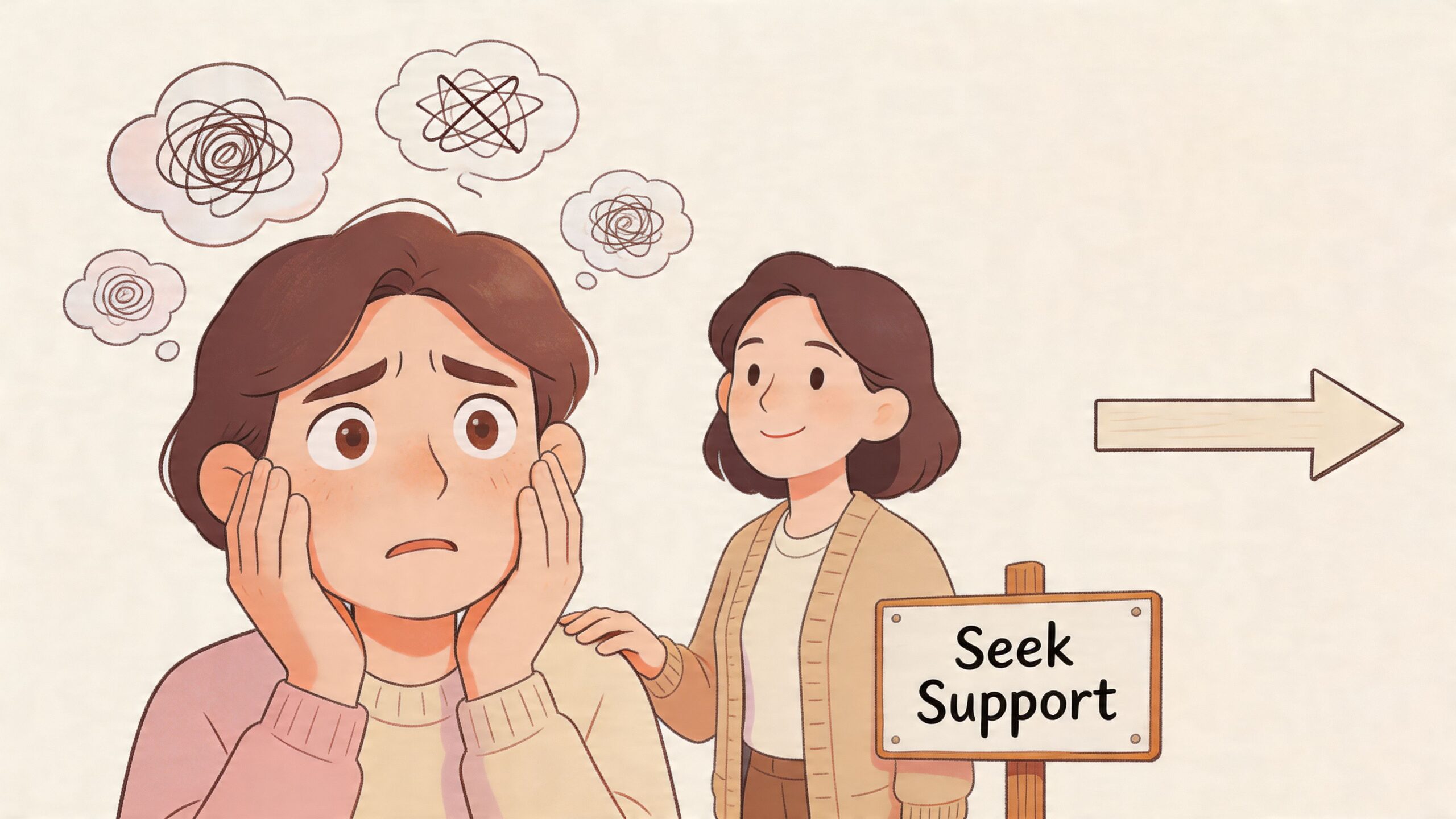 A person feeling overwhelmed by thoughts is comforted by another person pointing toward a seek support sign.