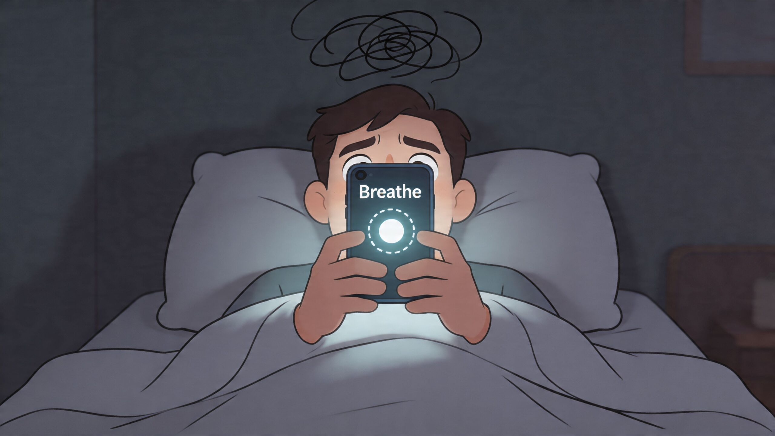 A person lying in bed at night feeling stressed, looking at a smartphone displaying a breathing exercise.