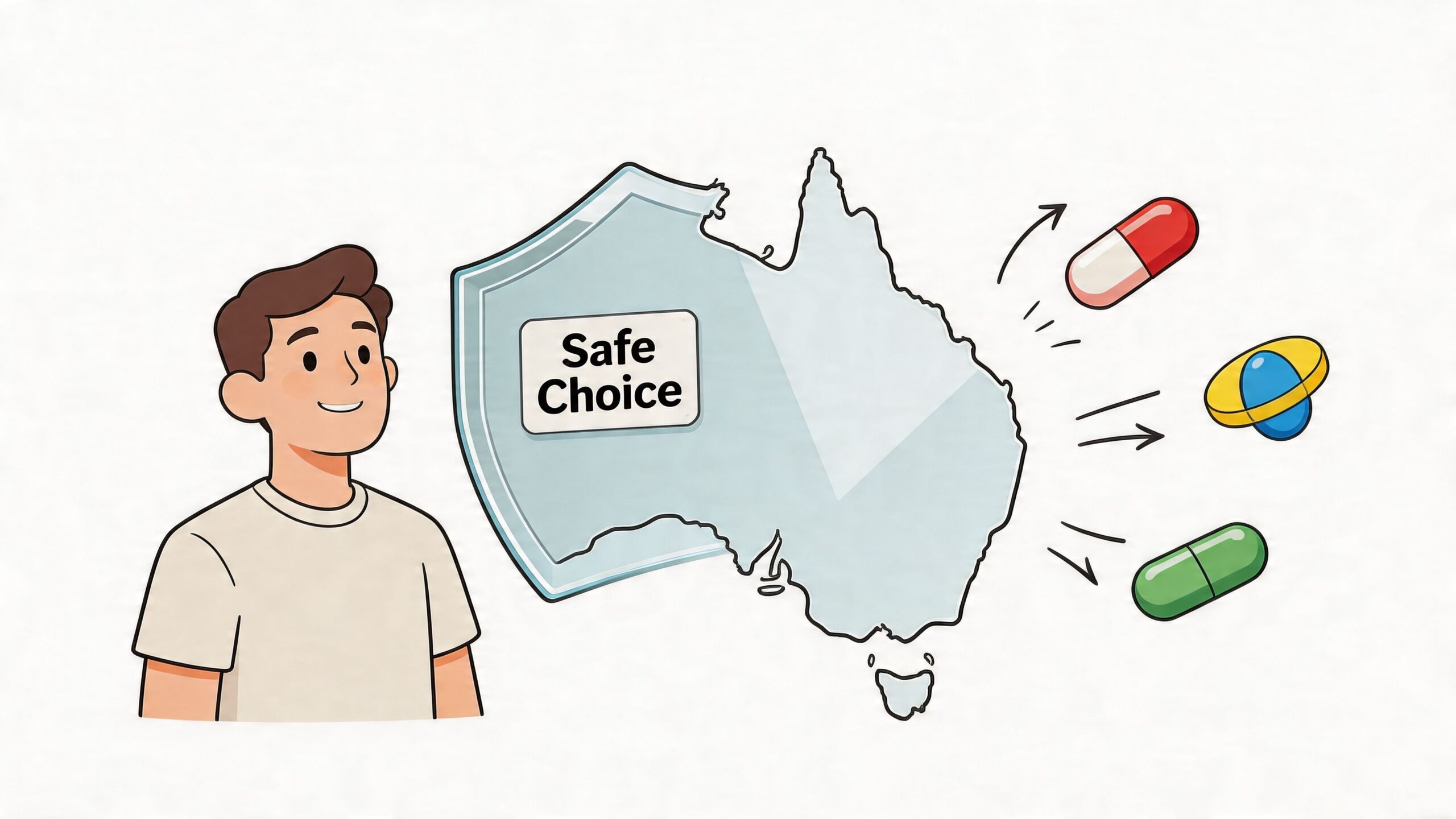 A cartoon man next to a map of Australia with a safe choice label and various pills