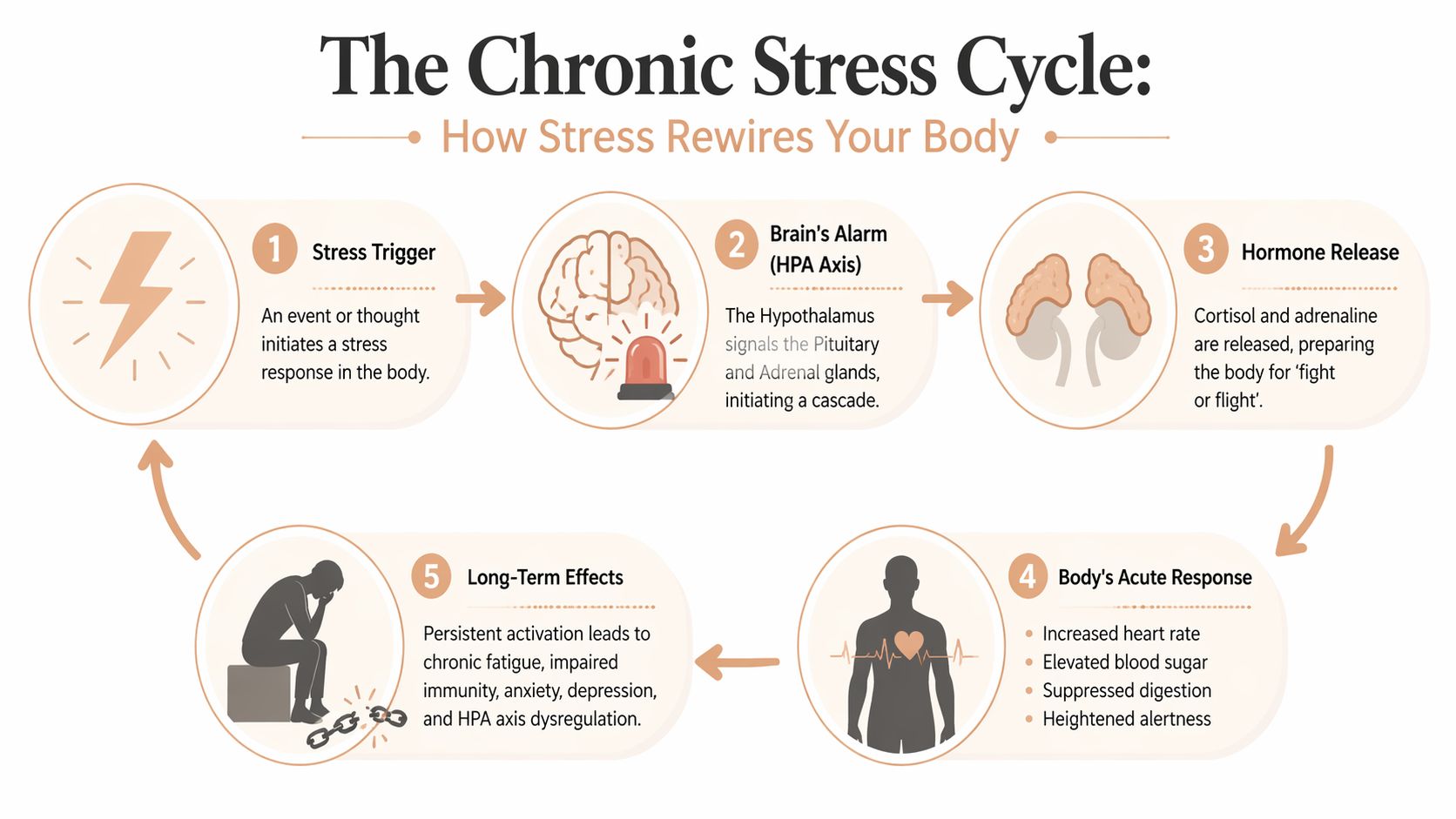A diagram illustrating the chronic stress cycle, showing how stress triggers bodily responses leading to long-term health effects.