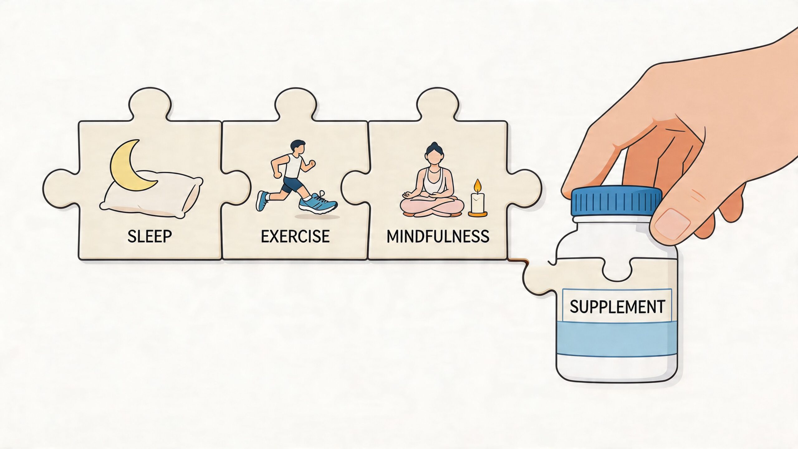 A hand placing a supplement bottle puzzle piece into a chain of lifestyle habits including sleep, exercise, and mindfulness.
