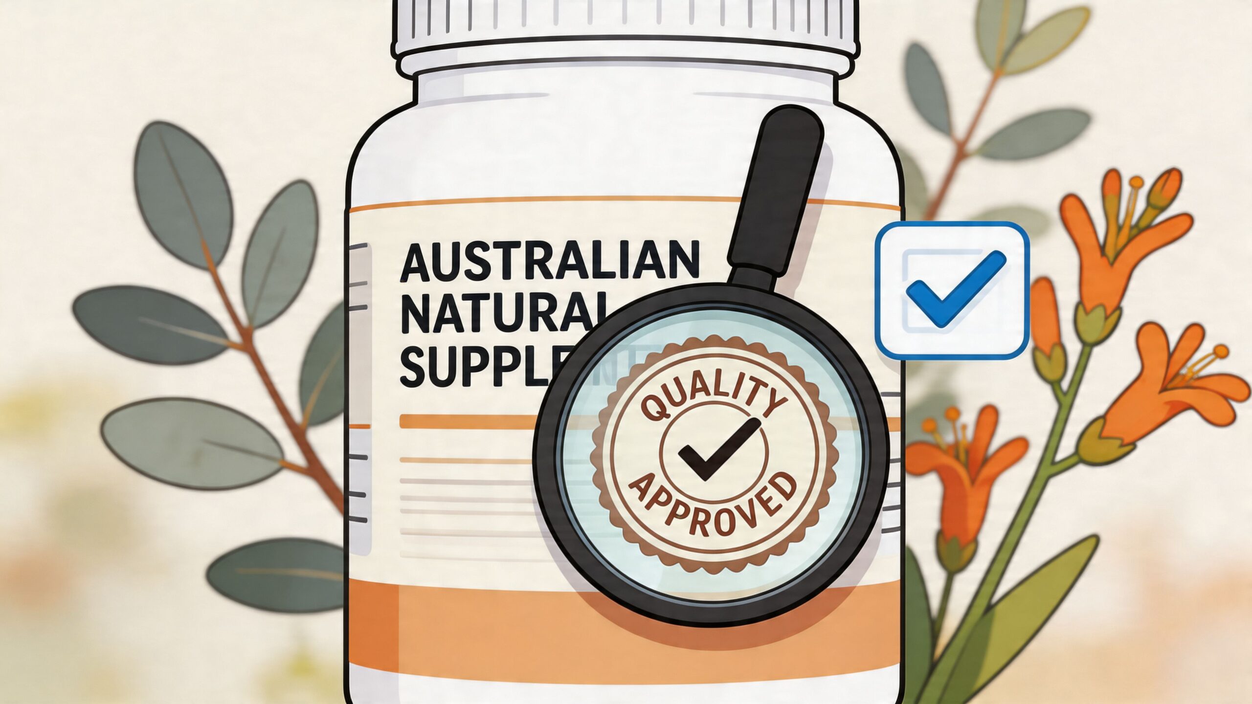 A supplement bottle with a magnifying glass over a quality approved seal and a blue checkmark icon.